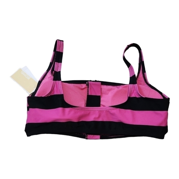 Michael Kors NWT $90 Women's Zip Front Pink and Black Striped Bikini Top Large - Picture 5 of 10